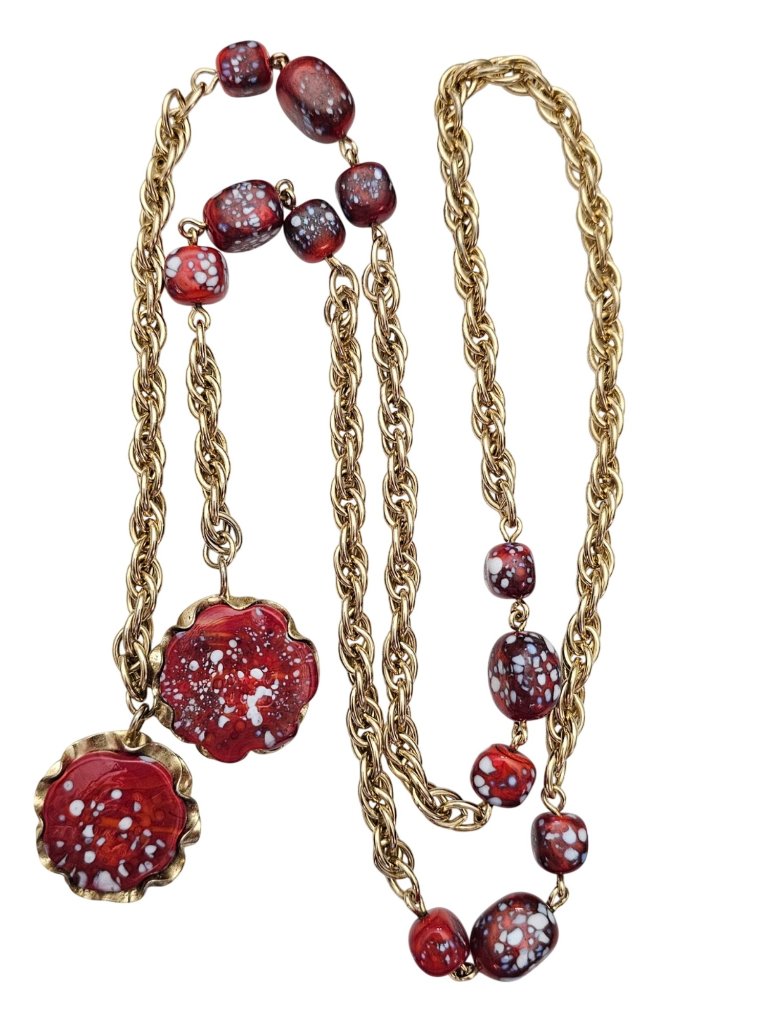 Julio Marcella Marner Art Glass Lariat Necklace Rare Red White Sparkles J583
